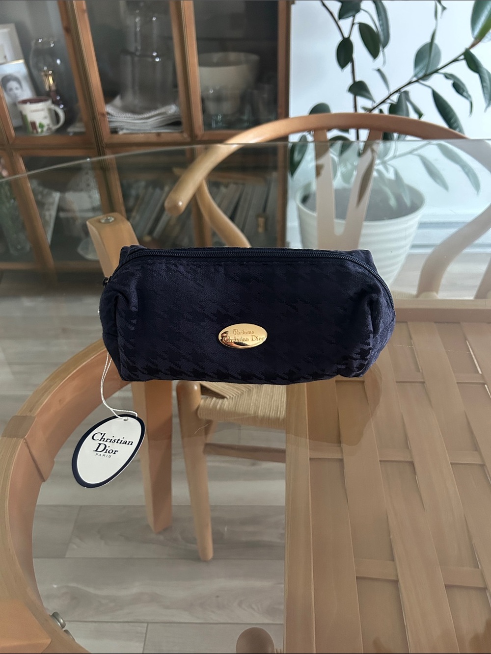 NWT Vintage Dior Navy Houndstooth Cosmetic Pouch with Gold Plate